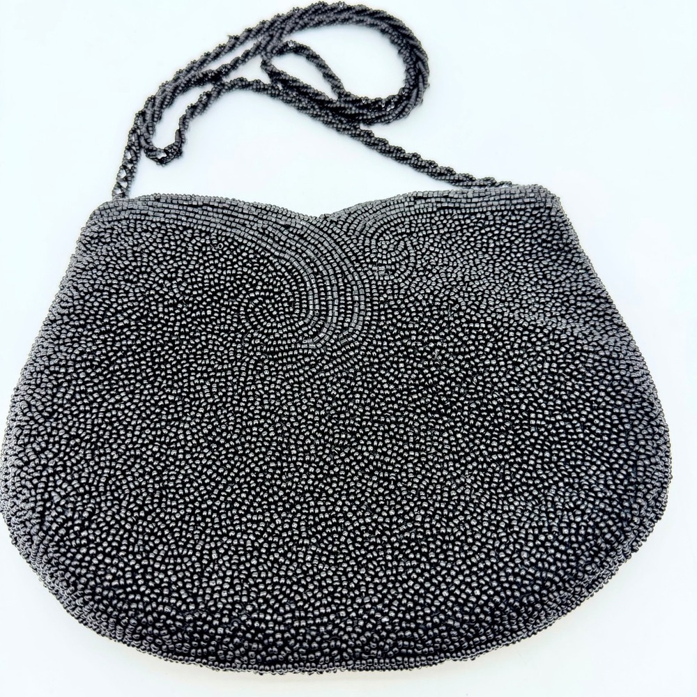 Vtg Walborg Black Glass Beaded Evening Shoulder Bag Purse Handmade Designer